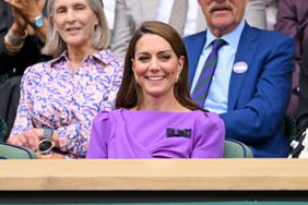 Kate Middleton Sitting Smiling Purple Dress in Royal Box at 2024 Wimbledon