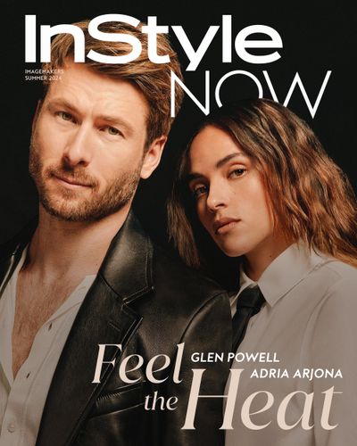 Glen Powell and Adria Arjona InStyle Now cover looking at the camera wearing black and white formal wear