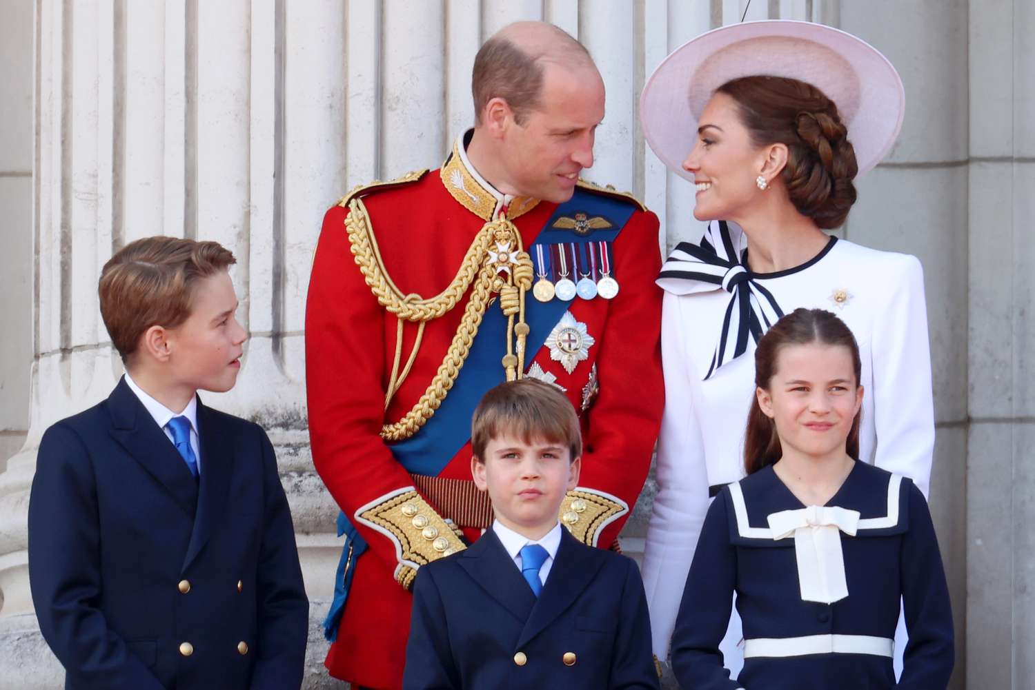 Prince William Looking at Smiling Kate Middleton, Prince George, Prince Louis, Princess Charlotte on Balcony of Buckingham Palace 2024 Trooping the Colour