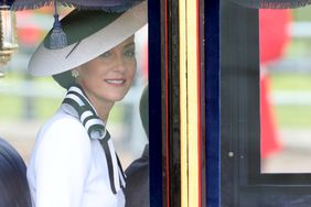 Kate Middleton Smiling Black and White Dress and Fascinator at 2024 Riding in Carriage in Parade Trooping the Colour 