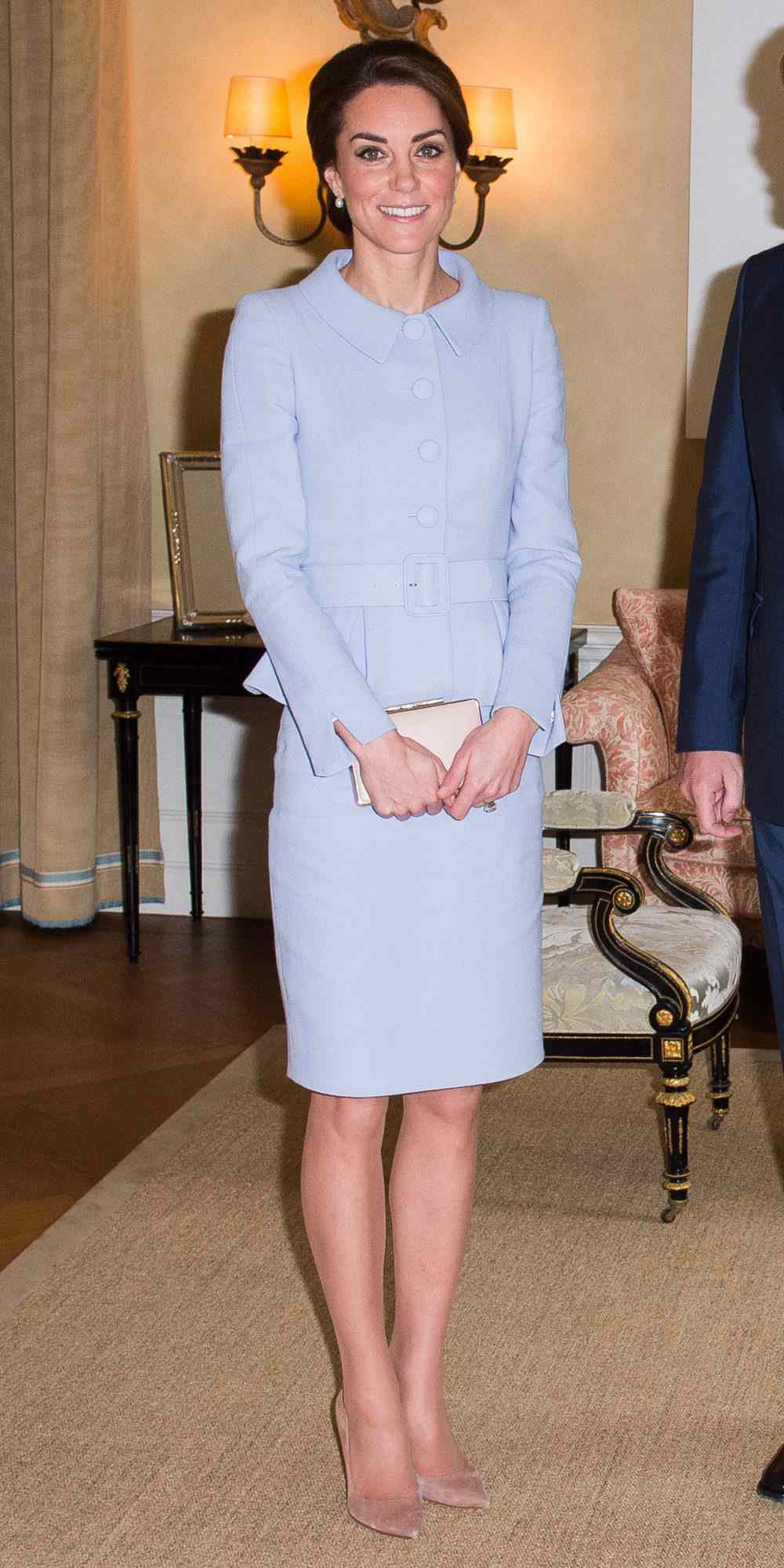 Kate Middleton in a periwinkle belted coat and pencil skirt by Catherine Walker & Co