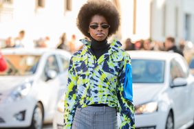 Person wears mixed prints and patterns outfit with tie-dye and plaid