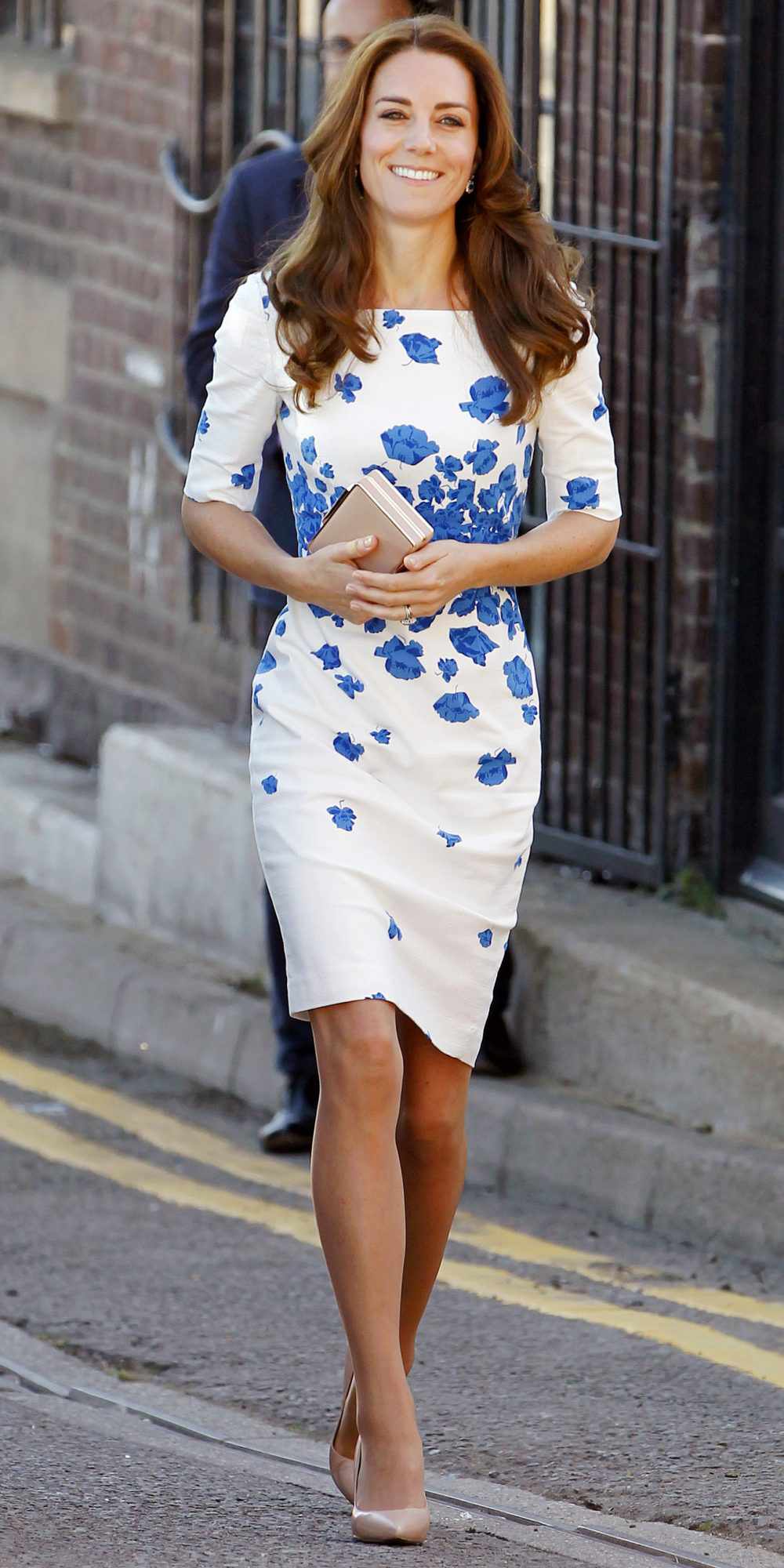 Kate Middleton in a blue floral-print L.K. Bennett white dress