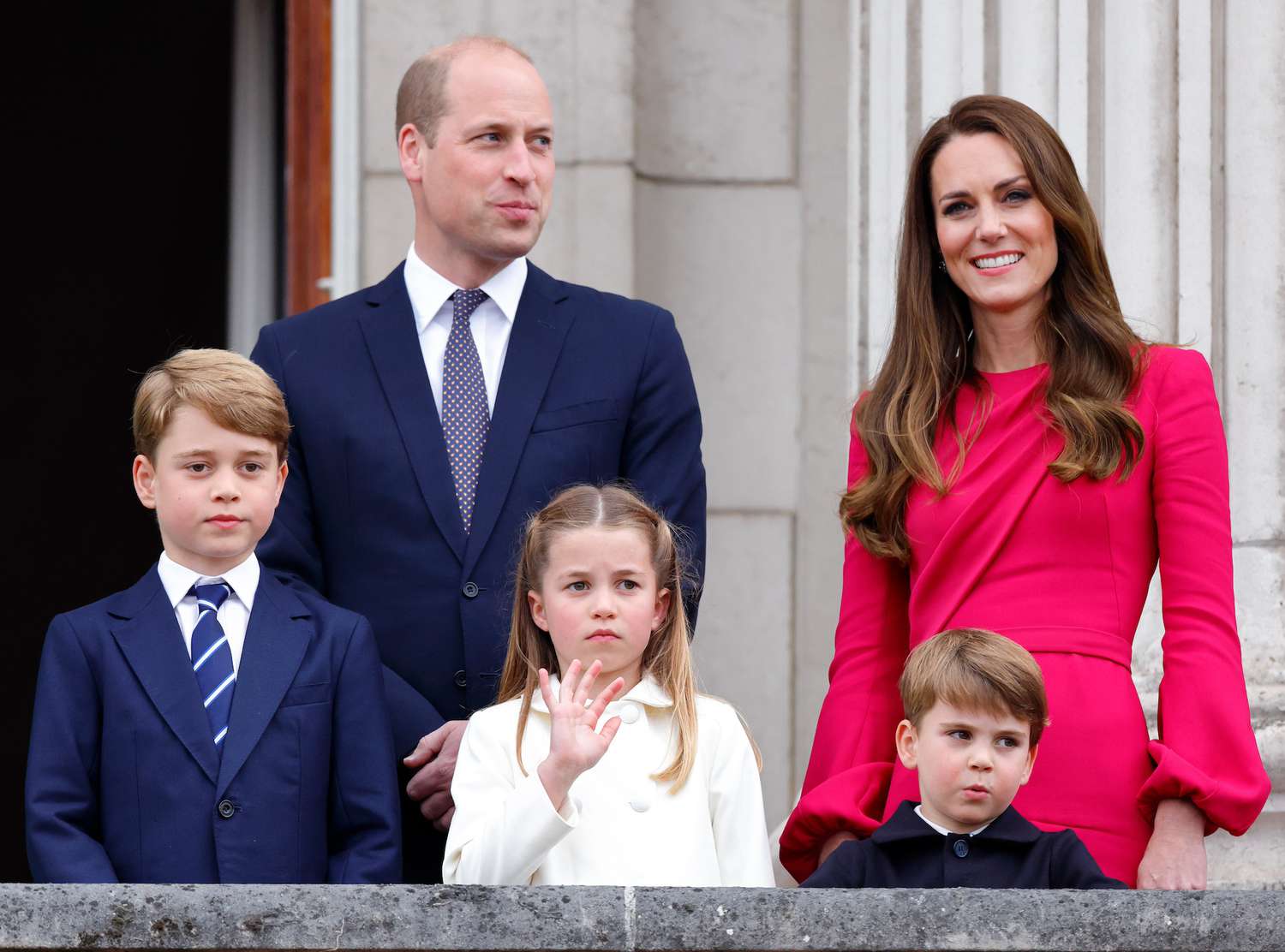 Prince George of Cambridge, Prince William, Duke of Cambridge, Princess Charlotte of Cambridge, Prince Louis of Cambridge and Catherine, Duchess of Cambridge