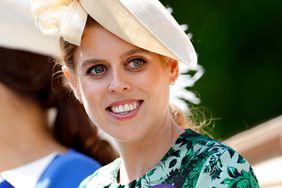 Princess Beatrice Blue-and-Green Printed Dress Smiling, Linen Fascinator 2024 Royal Ascot