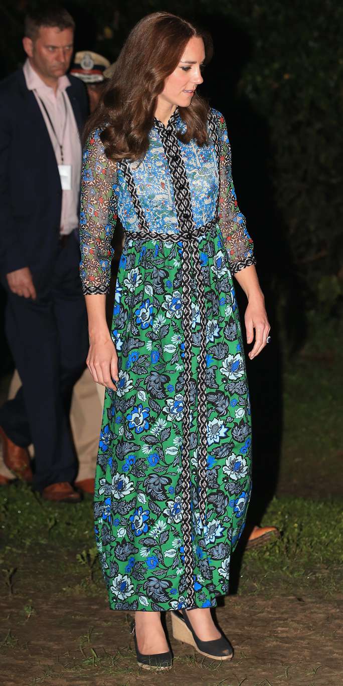 Kate Middleton wearing a green and blue printed Anna Fui gown