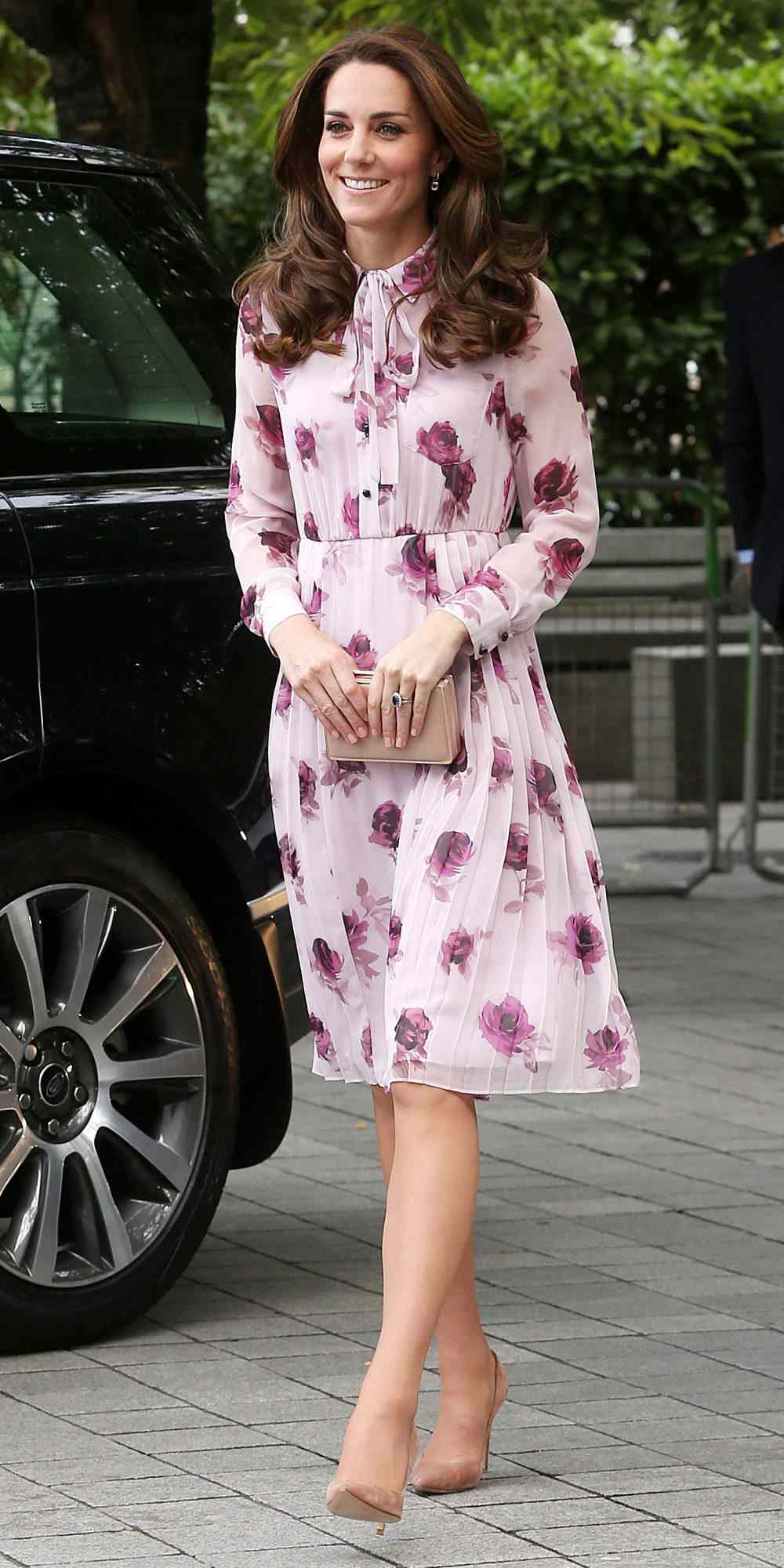 Kate Middleton in a Kate Spade floral dress with nude pumps