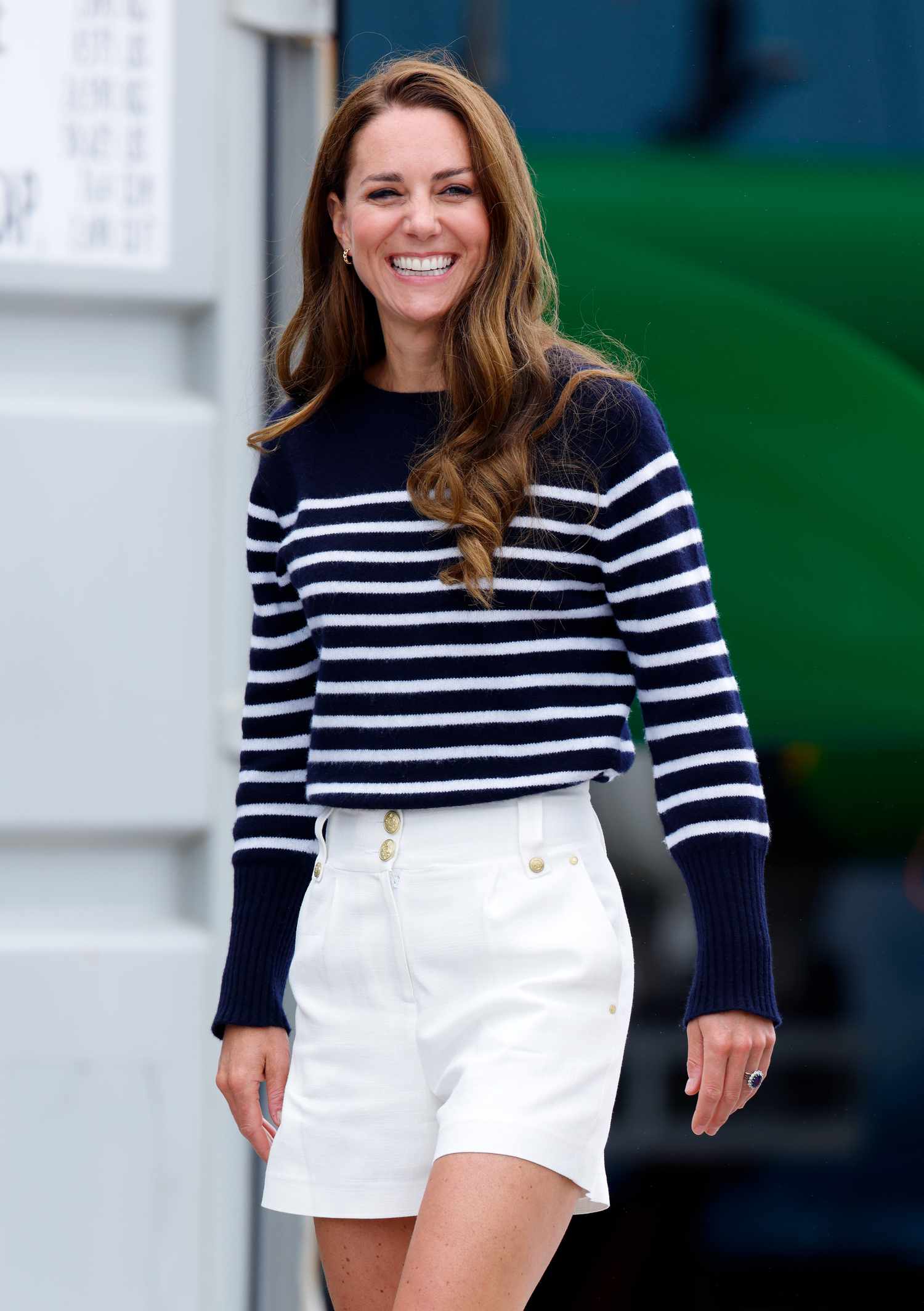 Kate Middleton in a nautical sweater and white shorts