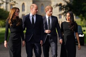 Kate Middleton Prince William Prince Harry and Meghan Markle Holding Hands Walking Outside of Windsor Castle Queen Elizabeth Tributes