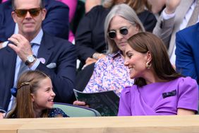 Princess Charlotte Smiling Looking at Kate Middleton Smiling in First Row of Royal Box During 2024 Wimbledon Men's Finals