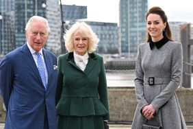 King Charles, Queen Camilla, Kate Middleton Standing Side by Side on Roof of The Prince's Foundation training site for arts and culture at Trinity Buoy Wharf February 2022