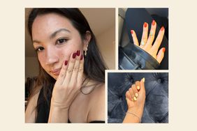 collage of fall nail polish colors on woman's hands