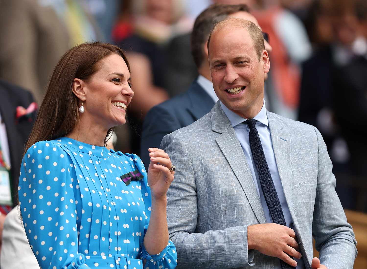 Kate Middleton Blue Polka-Dot Dress Laughing Next to Prince William Gray Suit Smiling at Wimbledon 2022