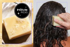 Collage of a shampoo Bar and a closeup of a person using a shampoo bar in their hair