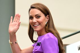 Kate Middleton in Purple Dress Smiling Looking to the Side and Waving at 2024 Wimbledon July 14, 2024