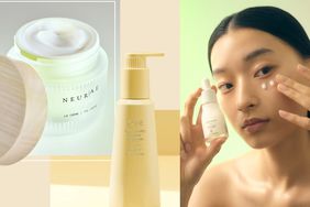 Neurae cream, Oribe bottle and women applying eye serum