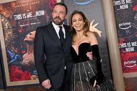 Ben Affleck Smiling Arm Around Jennifer Lopez in Black Velvet Gown Sheer Skirt Gloves at 'This Is Me...Now: A Love Story' Premiere February 13, 2024