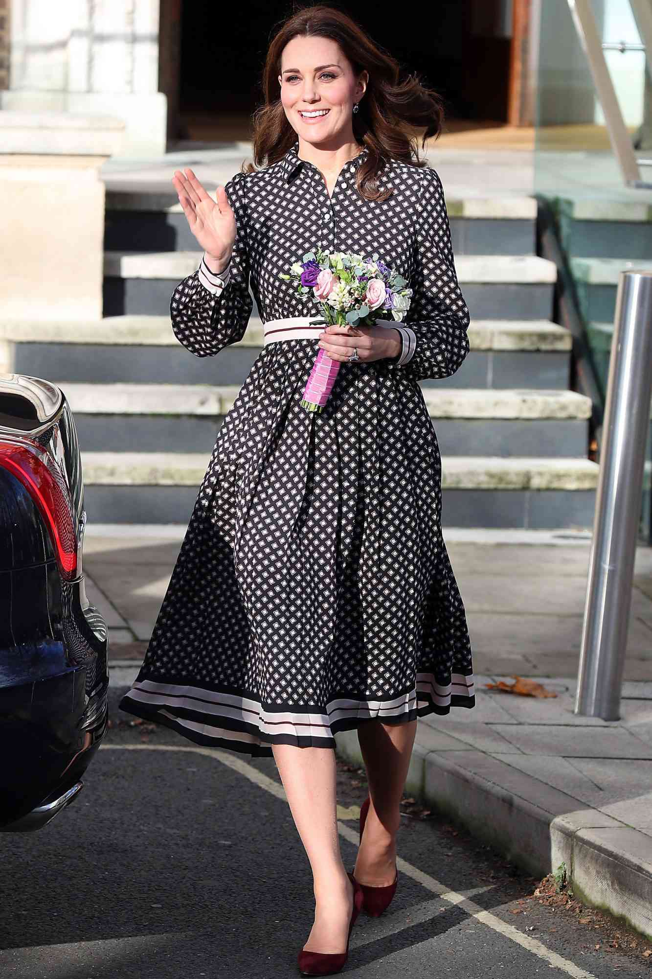 Kate Middleton in a Kate Spade black and white polka dot dress