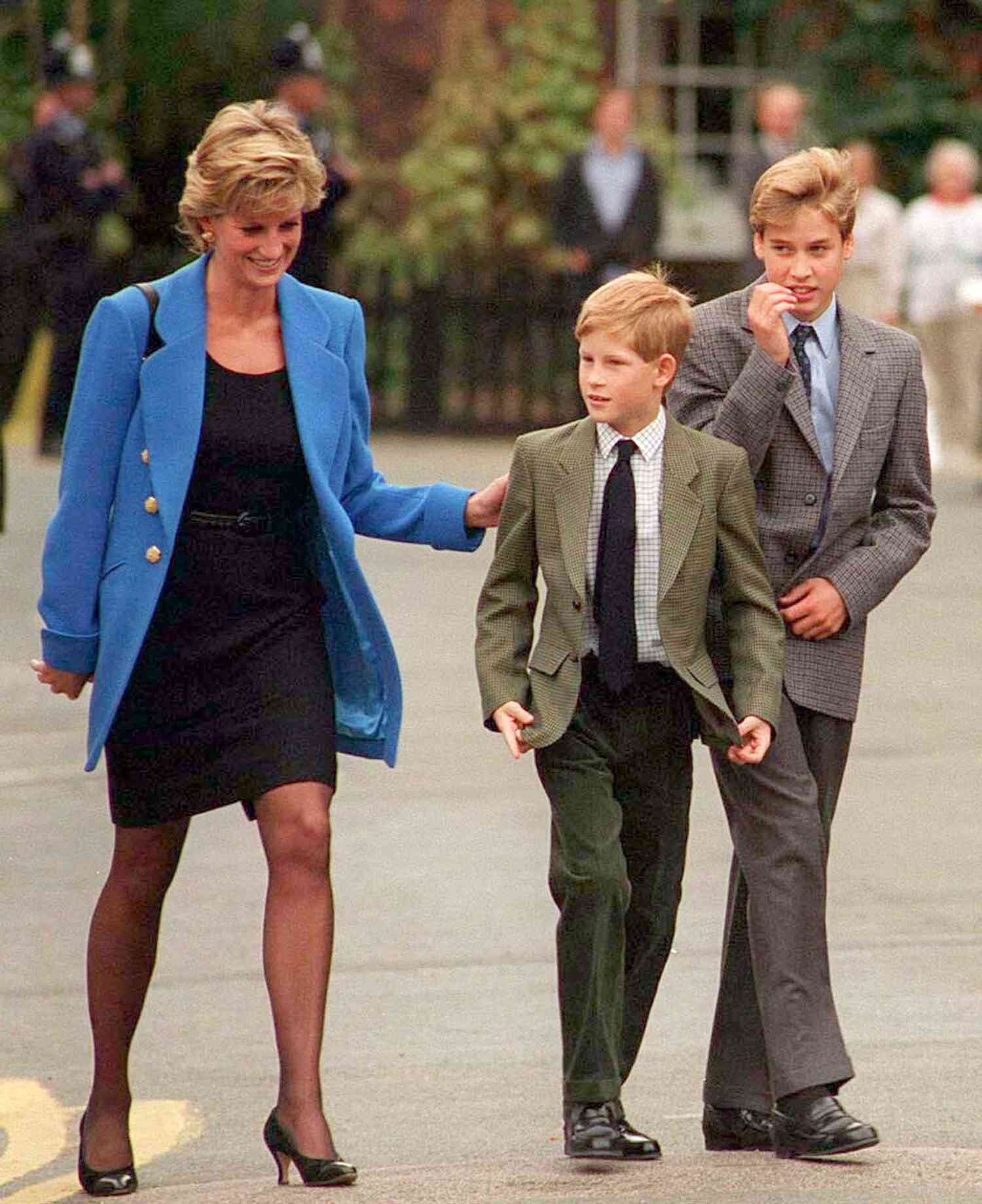 Princess Diana Smiling Hand on Prince Harry's Back Prince William Walking Eton 1995