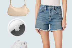 Jean Shorts, Biege Hand Bag, Air Tag, and Adidas Sneaker