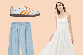 Orange Stripe Adidas, Blue Wide Leg Pants, and White Summer Dress