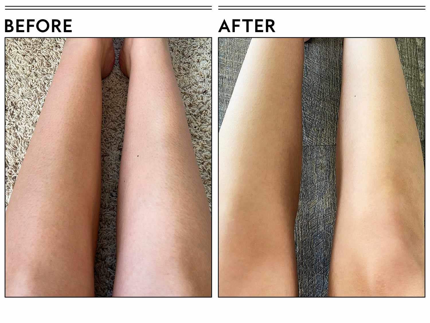 A before and after photo showing the effects of using ALO Mega-C Skin-Soothing + Hydrating Body Wash with Vitamin C & Magnesium on a person's legs