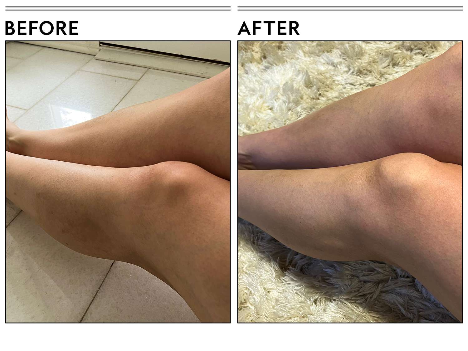 A before and after photo showing the effects of using L'Occitane Cleansing & Softening Almond Shower Oil on a person's legs