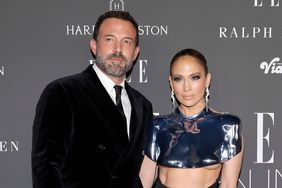 Ben Affleck Arm Around Jennifer Lopez Metal Breast Plate and Dress Posing on Red Carpet at Elle's Women in Hollywood Celebration 