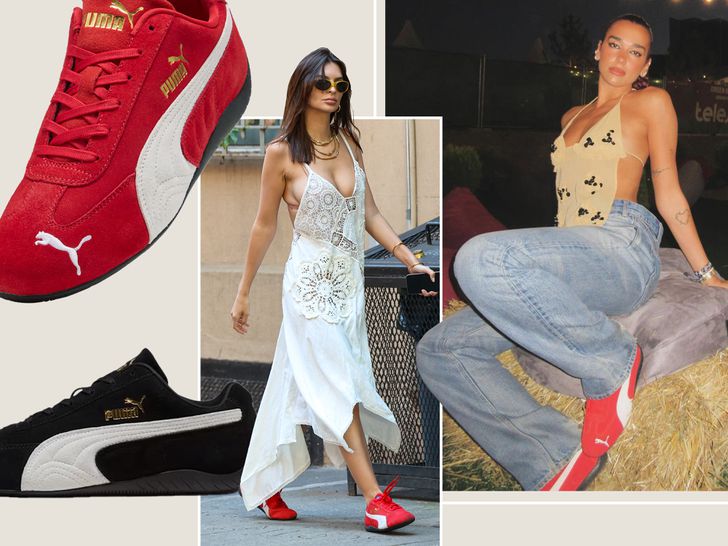 Emily Ratajkowski and Dua Lipa seen wearing red puma speedcat sneakers