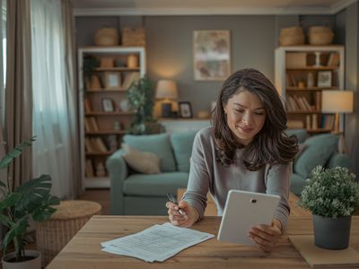 Woman holding a tablet she's looking at while also holding a pen. She's sitting at a table in a living room with paperwork on the table. 