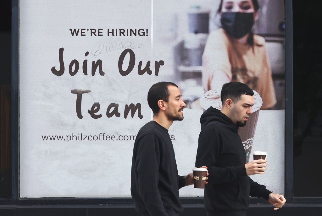 A 'Join Our Team' sign is posted outside a coffee shop on January 03, 2024 in Los Angeles, California. 