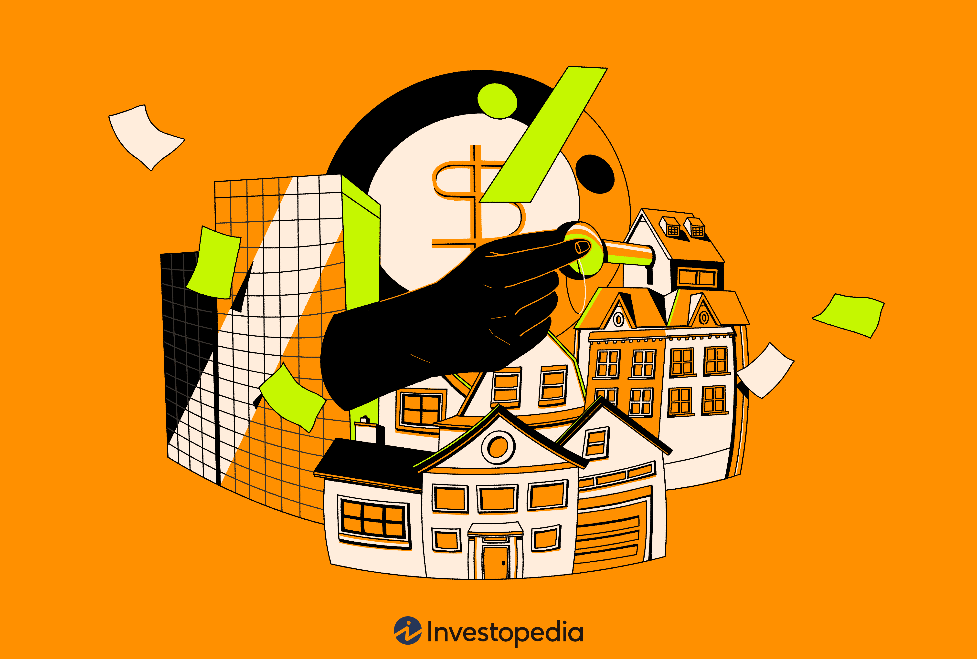 An illustration shows homes with money behind it. 