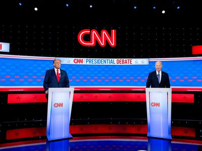 US President Joe Biden, right, and former US President Donald Trump during the first presidential debate in Atlanta, Georgia, US, on Thursday, June 27, 2024.