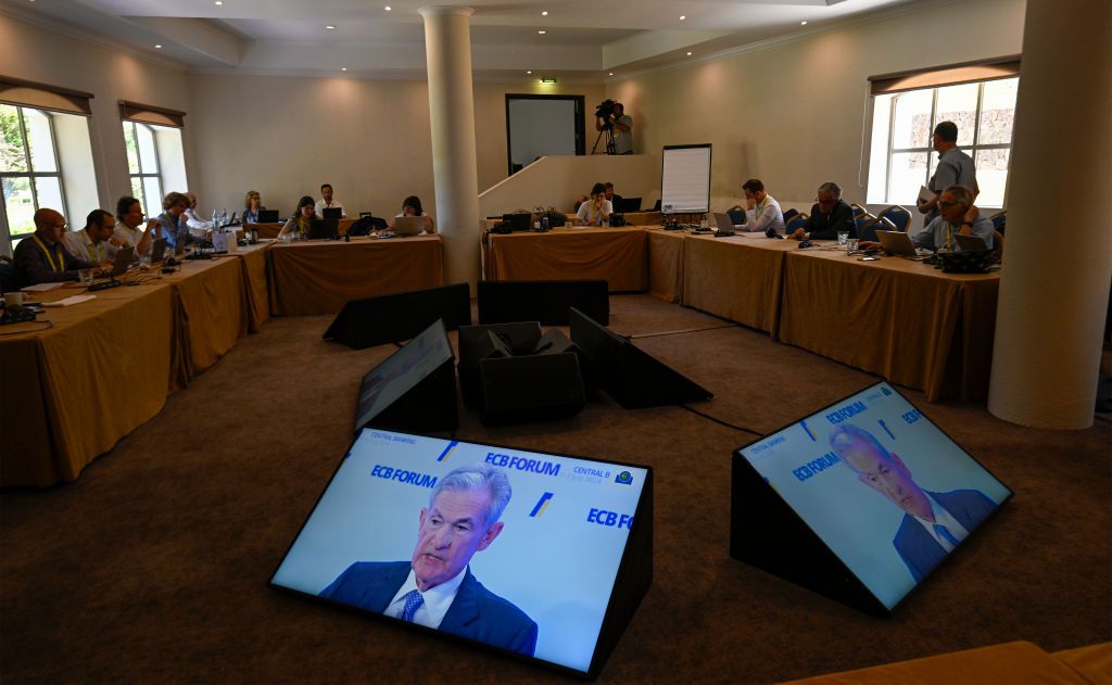 Accredited journalists follow onscreen from the pressroom Jerome Powell, Chair, Board of Governors of the Federal Reserve System, delivering remarks during the Policy Panel with the President of the European Central Bank Christine Lagarde and Roberto Campos Neto, Governor, Banco Central do Brasil, and moderated by Sara Eisen, Anchor, CNBC, at the afternoon session during the second day of the 2024 European Central Bank Forum on Central Banking on July 02, 2024, in Sintra, Portugal. 