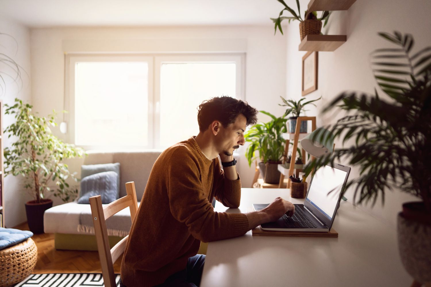 A man with a brown shirt on sits at a table in a living room with a laptop surrounded by natural light and several house plants