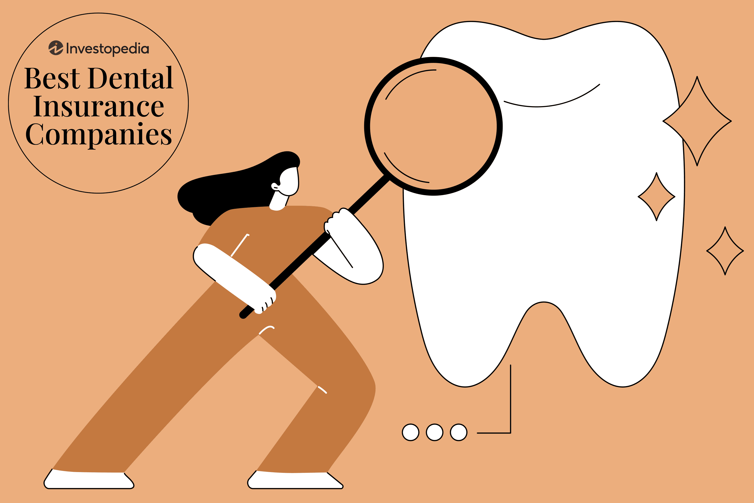 Graphic of a woman holding a big magnifying glass looking at a giant tooth, with the words, "Investopedia - Best Dental Insurance Companies"