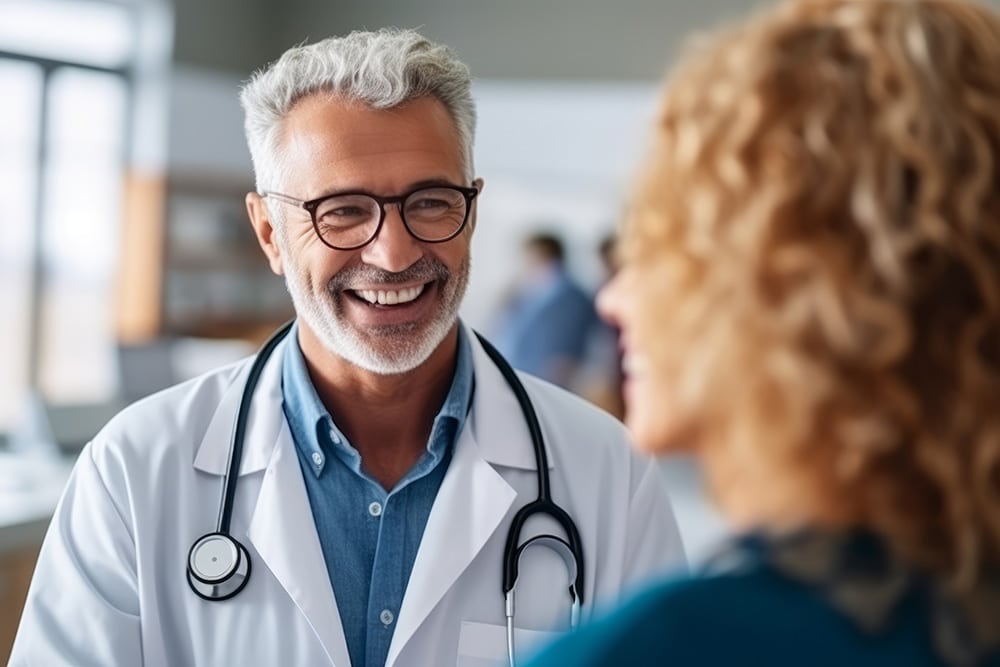 Portrait of doctor with patient in background