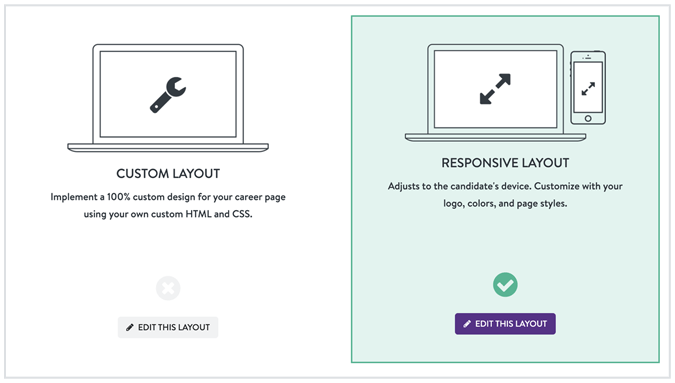 JazzHR in-app product showcase of custom and responsive layout choices for building career pages with our software.