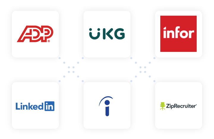 Six boxes containing ADP, UKG, Infor, LinkedIn, Indeed, and ZipRecruiter logos