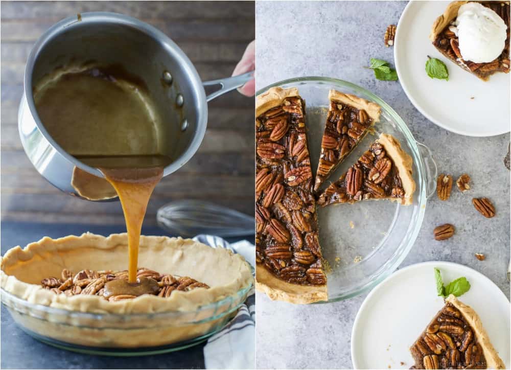 Adding the maple-brown sugar filling to the crust on the left. Baked pie to the right. 