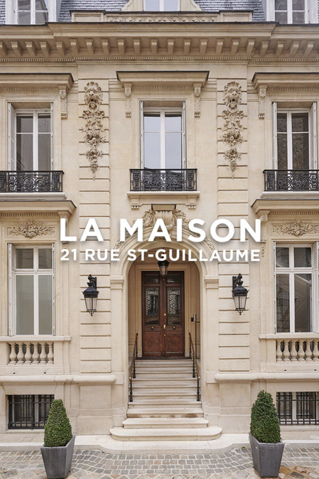 The historic façade of the Parisian Maison KARL LAGERFELD, overlaid with the text of its iconic address: La Maison 21 Rue St-Guillaume. ​