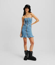 KLJ RUFFLE-HEM DENIM BANDEAU DRESS