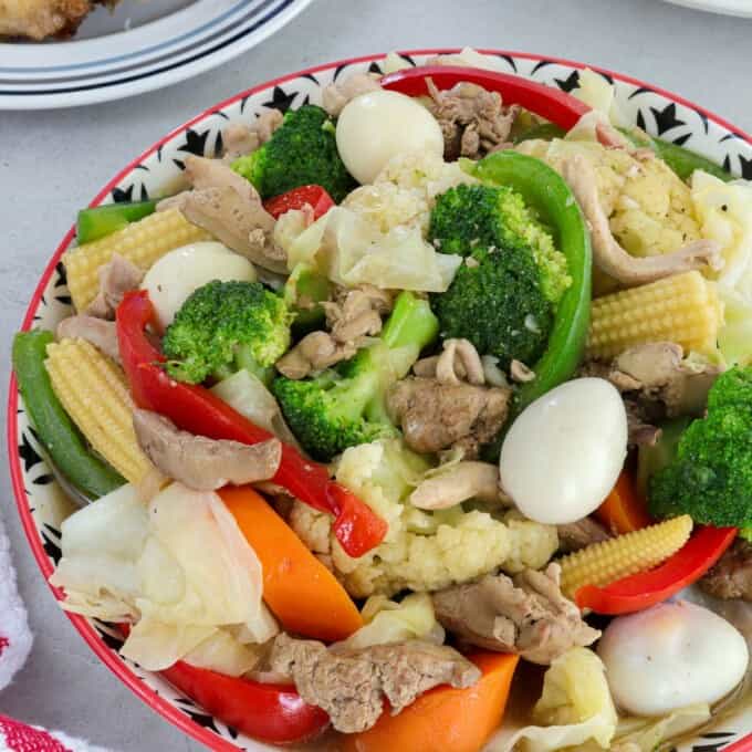 chop suey vegetable stir fry in a serving bowl.