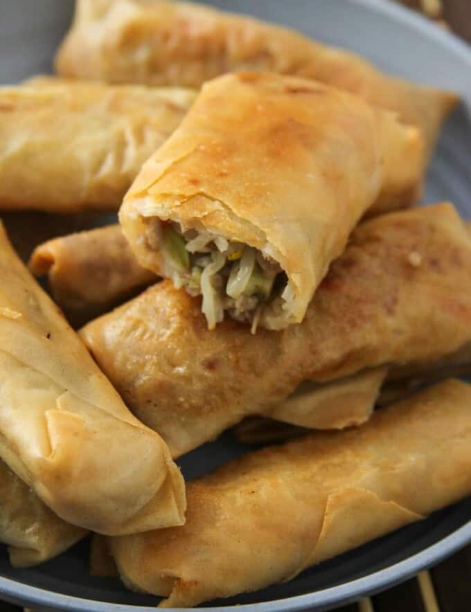 Lumpiang Prito with Pork on a serving platter