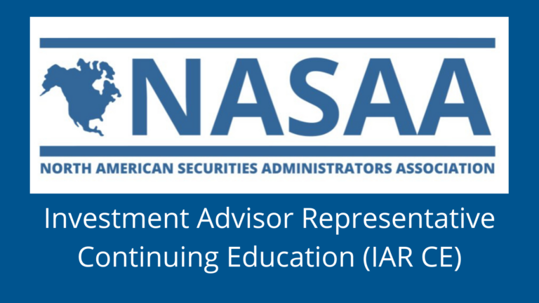 The logo of the North American Securities Administrators Association (NASAA) with text showing it provides Investment Advisor Representative Continuing Education (IAR CE).