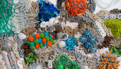 Plastic Reef artwork, includes Crochet, assemblage. Plastic discards, polystyrene, pins, canvas.