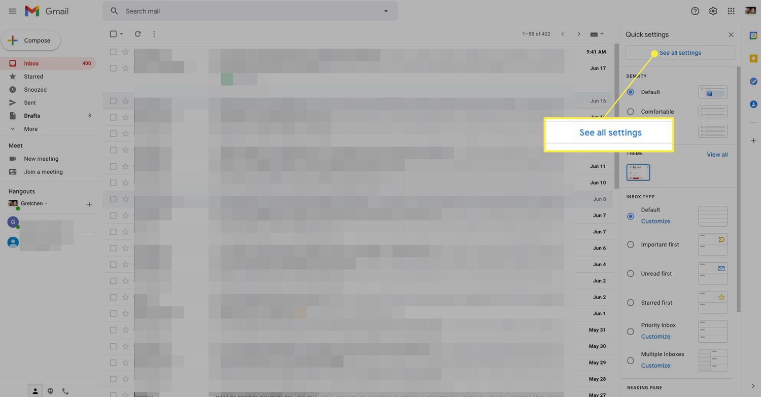 Gmail with See All Settings highlighted