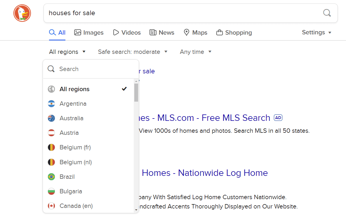 DuckDuckGo region search options