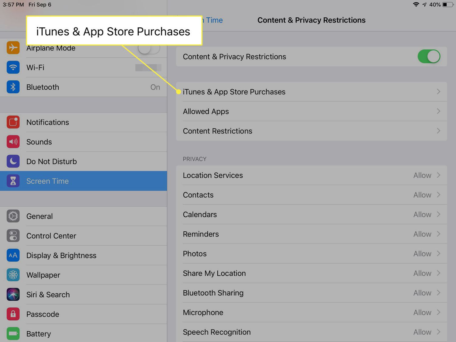 A screenshot of Content & Privacy Restrictions with the iTunes Purchases heading highlighted