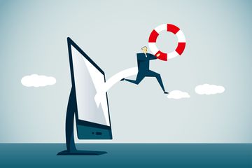 Illustration of a man jumping out of a computer with a life preserver for computer assistance